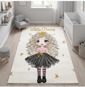 Resim Prenses Figürlü Kız Çocuk Odası Halısı Kaymaz Tabanlı Yıkanabilir Dijital Baskılı Halı Beyaz 