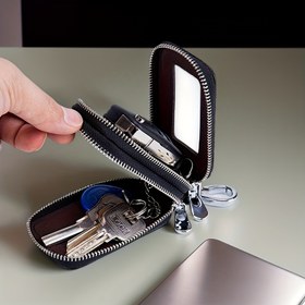 Resim PU Deri Çift Katmanlı Bel Asılı Anahtar Koruma Kılıfı - Mini Araba Anahtar Saklama Çantası - Araba İç Aksesuarları 
