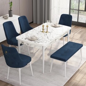 Resim Canisa Concept Are Serisi 80 x 132 cm Açılabilir Benchli Mdf Beyaz Mermer Desen Mutfak Masa Takımı 4 Sandalye 1 Bench 