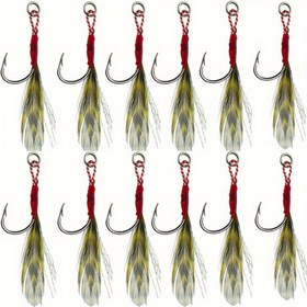 Resim 12 Adet Tuzlu Su Balıkçılığı Jig Kancası, Çengelli Sivri Ucu - Ağır Hizmet Yavaş Jigging Kanca, Siyah/Beyaz/Gri/Altın Renkli Uçlar ile Bass, Şirinlik Alabalık ve Somon için Güçlü Üçlü Çift Başlıklı İğne Dizaynı. Sarı Renge sahip siyah kırmızı ip detayları ile görünürlük artışı sunar. Şimdi tatlı suda da denemek mümkün!1 Balıkçı Kancaları,Balıkçılık Aksesuarları ve Ekipmanlar,Çift Kancalı Balıkçılık,Ekstra Büyük Balıkçı Kancaları,Tuzlu Su Balıkçılığı Kancalar, 