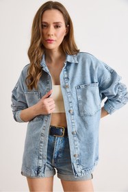 Resim Olalook Kadın Açık Mavi Yaprak Nakış Pullu Yıkanmış Denim Ceket CKT-19000524 