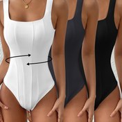 Resim 3 adet Kadın Kare Yaka Kolsuz Bodysuitler Şık ve Rahat Günlük Giyimdir, Tek Başına veya Katmanlı Olarak Giyilebilir, Tüm Mevsimler İçin Moda Olası 