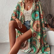 Resim Mandal Desenli Açık Yaka Kimono, Boho 3/4 Kol Kapaklı Uzun Üst Bahar ve Yaz İçin, Kadın Giyim 