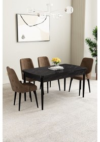 Resim Clara Siyah Mermer Desen 80x132 Açılabilir Mdf Masa Yemek Odası Takımı,mutfak Takımı 4 Adet Sandalye Kahverengi 