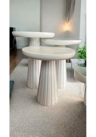 Resim Ahşap Mantar Sehpa 3 Lü Set Beyaz Renk Masif Doğal Fiskos Sehpa Zigon Takımı - Dekoratif Çiçeklik Beyaz 