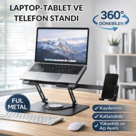 Resim Coofbe 2in1 Yükseklik Ayarlı 360 Döner Alüminyum Laptop Standı Laptop Sehpası ve Telefon Standı 