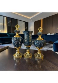 Resim Emerald Black Marble Dekoratif Vazo & Obje Seti Gold Detaylı Lüks Salon Aksesuarı 3 Lü 
