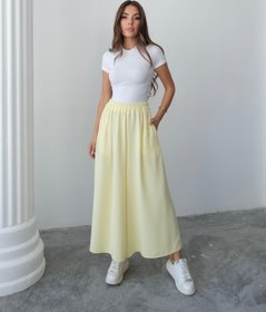 Resim Beli Lastikli Geniş Kesim Kloş Double Krep Pantolon Etek 5187 - Sarı - Sarı / L-XL 
