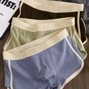 Resim 3 adet Erkek Ribbed Pamuk Boxer Briefs - Bej, Hafif Yeşil ve Mavi Renklerde Yumuşak, Esnek, Düz Renk İç Çamaşırı, Evde Rahat Giyim İçin Konforlu | Kabartmalı Dokulu | Orta Esneklik 