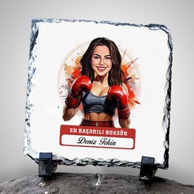 Resim Karikatürlü Kadın Boksör Dekoratif Taş 