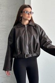 Resim Kadın İçi Kürklü Kemerli Suni Deri Mont - Oversize İçi Peluş Astarlı Premium Biker Ceket 