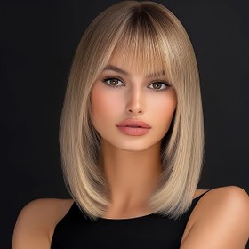 Resim Kadınlar için Beyaz Ombre Sentetik Peruk, Düz Bob Peruk, Perçemli, Mat Kaplama, Yüksek Sıcaklık Elyafı, Gül Fileli Şapka, Doğal Görünüm 