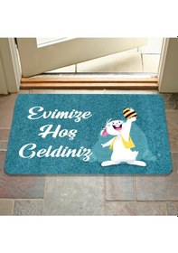 Resim Dijital Baskılı Kapı Önü Paspas Hoşgeldiniz Yazılı Çiçek Desen Ve Tavşan Iç Ve Dış Kapı Yıkanabilir Altın 