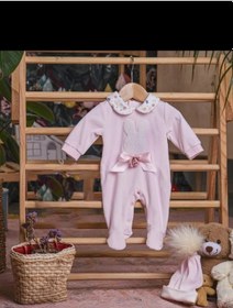 Resim Lamato Baby Süzine Tavşan Nakışlı Şapkalı Kadife Bebe Kız Tulum Pembe 