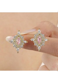 Resim Pink Taşlı Hanedan Nişanı Gold Renk Vintage Gümüş Küpe 