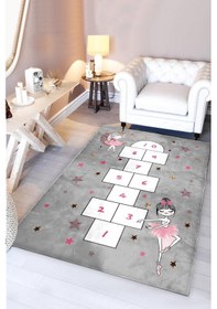 Resim Prenses Kız Seksekli Bambu Çocuk Halısı Gri 