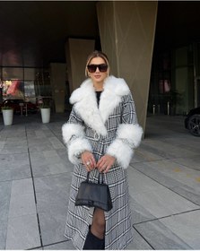 Resim 1Moda1Tarz Kadın Kumaş Kareli Desen Taşlı Kürk Detay Kuşaklı Astarlı Özel Tasarım Kaban 