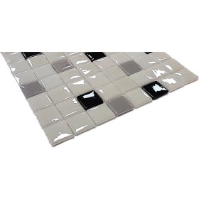 Resim MozaiKristaL Mutfak Tezgah Arası, Banyo, Sauna, Spa, ve Yaşam Alanlarının Tüm Yüzeyleri İçin. Beyaz-Siyah-Gri Mix. 31.5X31.5 Cm. Fileli Cam Mozaik. ( 10 File Karo = 1 M2 Fiyatıdır ) 