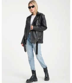 Resim Kemerli Oversize Uzun Kadın Deri Ceket Çok Renkli 