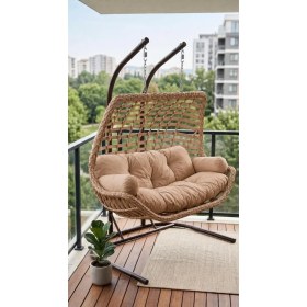 Resim Bürosaray 2 Kişilik Geniş Rattan Görünümlü Bahçe Balkon Salıncağı Minderli Modern Teras Veranda Dış Mekan Salıncak 