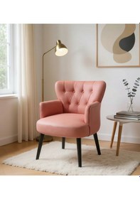 Resim Waterybrook Tekli Berjer Koltuk - Kapitoneli Babyface Kumaş - Siyah Ahşap Ayaklı - Retro Modern Tasarım Gül Kurusu 