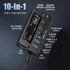 Resim Acasis CM073S 10 in 1 USB-C Dock + SSD Disk Kutusu, 10Gbps, 4K60Hz HDMI, PD 100W, Gigabit Ethernet, AUX+Mic, SD/TF Kart, NVMe&SATA, Windows/Mac OS Uyumlu Vidasız Montaj 