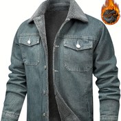 Resim Erkek Vintage Yıkanmış Denim Ceket, Polar Astarlı - Sıcak Kışlık, Rahat Uzun Kollu Düğmeli Ceket, Göğüs Cebi, Hafif Gri, Polyester Lif Astar, Hafta Sonu Gezileri, Kışlık Ceket için Mükemmel 
