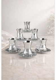 Resim Rova Tr Simge Serisi Cam Titanyum Kaplama 6 Kişilik Çay Bardağı Seti - Modern Şık Çeyizlik Set Gümüş 