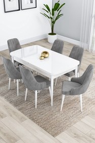 Resim Canisa Concept Kar Serisi 80x132 Açılabilir Beyaz Mutfak Masası Takımı 6 Gri Sandalye 