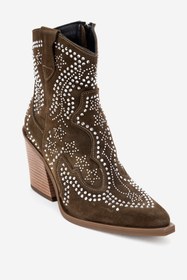 Resim Dericlub Kadın Taşlı Kalın Taban Western Bot Gerçek Süet Deri ZY 1610 HAKİ 