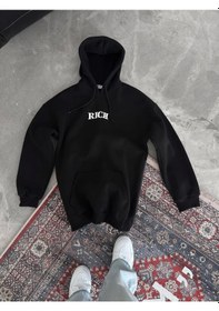 Resim Tua Moda Uzun Kol Kapşonlu Göğüs Baskılı Sweatshirt - Siyah Siyah 