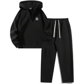 Resim Unisex Oversize Fermuarlı Kapüşonlu Eşofman Altı Joger - California Logo Baskılı Eşofman Takımı Siyah 