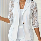 Resim Kadınların Şık Beyaz Blazerı Dantel Detaylı - Rahat, Üç Çeyrek Kollu, Tek Düğmeli, Polyester, Bahar/Sonbahar Modası, Rahat Blazer | Dantel Blazer | Polyester Blazer 