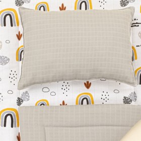 Resim Alt Açma Matı ve Yastık - Çift Taraflı - Açık Gri Muslin - Hardal Gökkuşağı 