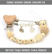 Resim Sahi Aksesuar İsimli Bebek Emzik Zinciri ve Beyaz Taşlı Bebek Yaka İğnesi 