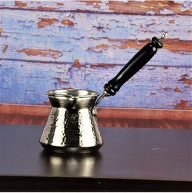 Resim Ahşap Sap Nikel Kaplama Kalın Dövme Topak Bakır Cezve 225 Ml 