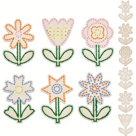 Resim 12 adet Çiçek Desenli Ahşap Çapraz Dikiş Kiti, İplik Malzeme Paketi, Ahşap El Sanatları, Dikiş Seti, Uygulama İnce Motor Becerileri İçin Eğlenceli Dikiş DIY El Sanatları Dikiş Seti, DIY Ev Dekorasyonu İçin 