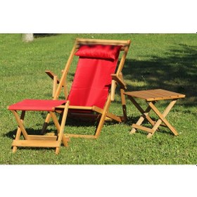 Resim Kırmızı Ayak Uzatma Tabureli Katlanır Ahşap Şezlong Seti 