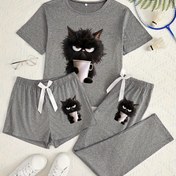 Resim 3 Parça Kadın Ev Kıyafeti Seti - Sevimli Kedi Desenli, Kısa Kollu Üst, Şort ve Pantolon, Nefes Alabilen Konforlu, Siyah, Gri, Koyu Gri, Fiyonk Detaylı, Tüm Mevsimler İçin Rahat Giyim | Şık Tasarım | Rahat Kesim 