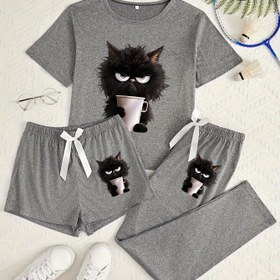 Resim 3 Parça Kadın Ev Kıyafeti Seti - Sevimli Kedi Desenli, Kısa Kollu Üst, Şort ve Pantolon, Nefes Alabilen Konforlu, Siyah, Gri, Koyu Gri, Fiyonk Detaylı, Tüm Mevsimler İçin Rahat Giyim | Şık Tasarım | Rahat Kesim 