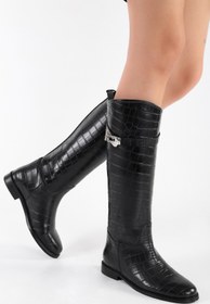 Resim Shoeberry Kadın Matia Siyah Kroko Binici Uzun Çizme 