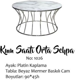 Resim Brc Kum Saati Orta Sehpa Model 1026 Beyaz Mermer Temper Cam Metal 