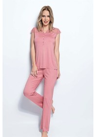 Resim Monamise Kadın Yakası Kolu ve Omzu Dantelli Önü Düğmeli Pijama Takımı 18446 Pembe 