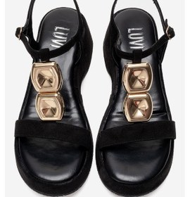 Resim Matt Siyah Süet Tokalı Dolgu Tabanlı Kadın Sandalet Siyah 