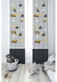 Resim Mekta Home Bebek Ve Çocuk Odası İş Makinalı Gri Yol Desenli 2 Kanat Fon Perde 