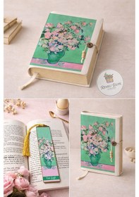 Resim Kitap Kılıfı Ve Metal Kitap Ayracı Seti Van Gogh Pembe Güllü Vazo 