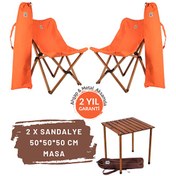 Resim Kahverengi İskelet Turuncu Kılıf Sandalye ve 50x50x50 CM Kahverengi Ahşap Katlanır Masa Seti Bag The Joy