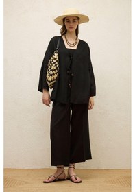 Resim Manuka Ütü İzli Keten Pantolon Siyah Siyah 