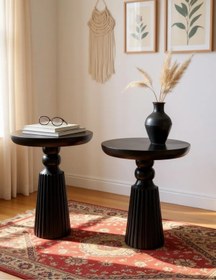 Resim AYLESA Doğal Ahşap 2’li Set Siyah Mantar Yan Sehpa Modern Fiskos Zigon Çiçeklik 