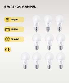 Resim AC AYDINLATMA 9W 12-24V Ampul 6500K - Beyaz Işık - E-27 Duy - 10 ADET 